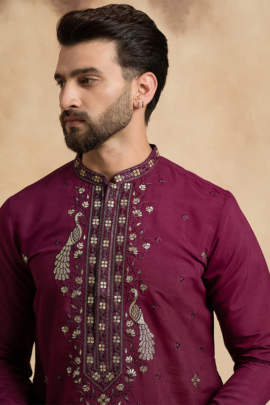 Ethnic Bay Mens Purple Silk Blend Solid Embroidered Zari Kurta With Trouser MKSET2442