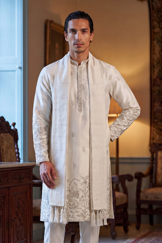 Ethnic Bay Men White Silk Blend Floral Embroidered Straight Kurta with Dupatta MKUD1784