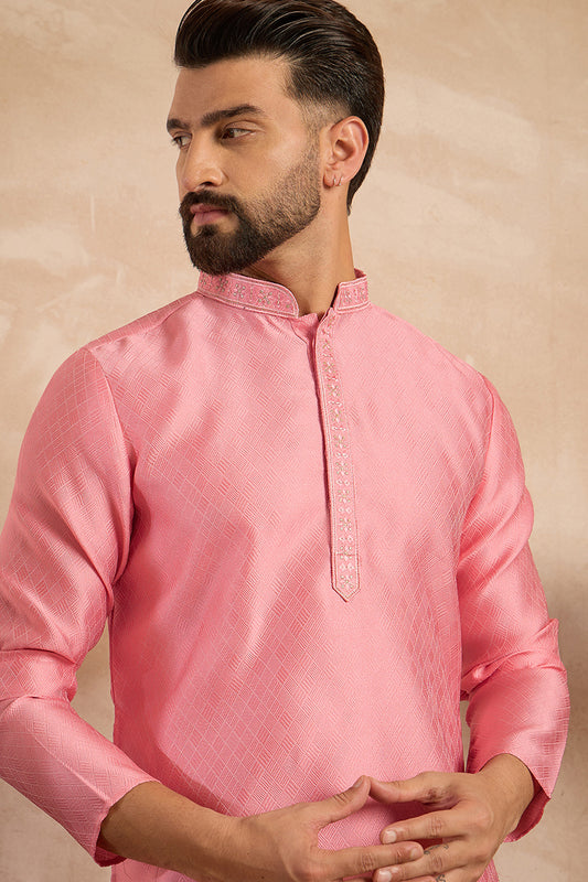 Pink Polyester Solid Embroidered Straight Kurta With Trouser MKSET1842