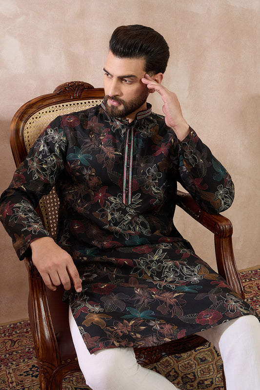 Black Silk Blend Printed Mandarin Collar Straight Kurta With Trouser MKSET1956