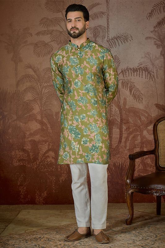 Ethnic Bay Men Green Silk Blend Floral Printed Kurta With Trouser MKSET2537
