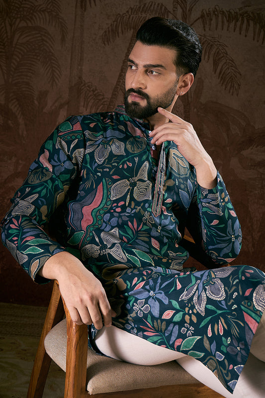 Blue Silk Blend Floral Printed Straight Kurta MKU1962