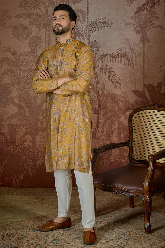 Ethnic Bay Men Mustard Silk Blend Ethnic Motifs Embroidered Kurta With Trouser MKSET2534