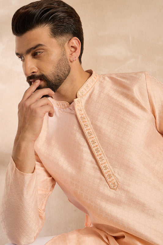Peach Polyester Solid Embroidered Straight Kurta MKU1836