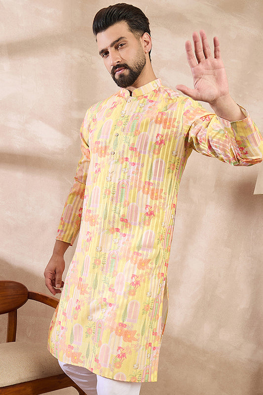 Yellow Silk Blend Abstract Printed Straight Kurta With Trouser MKSET2013