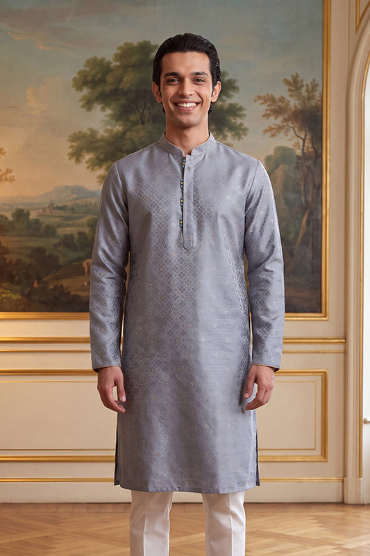 Ethnic Bay Mens Grey Jacquard Ethnic Motifs Woven Design Kurta With Trouser MKSET2642