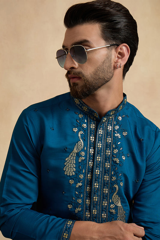 Ethnic Bay Mens Teal Silk Blend Solid Embroidered Thread Work Kurta MKU2443