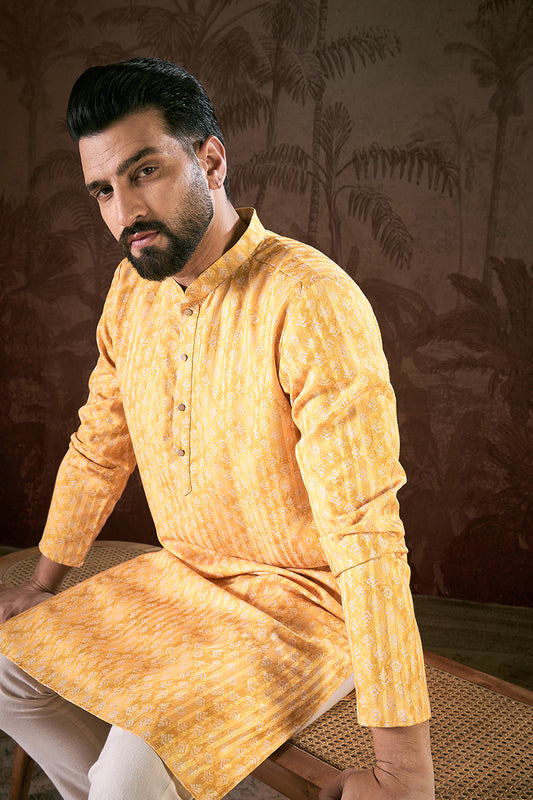 Yellow Silk Blend Ethnic Motifs Printed Straight Kurta MKU1949
