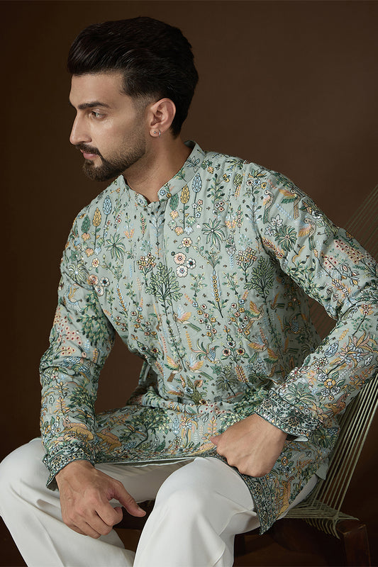 Ethnic Bay Sea Green Georgette Solid Embroidered Kurta With Trouser MKSET2729