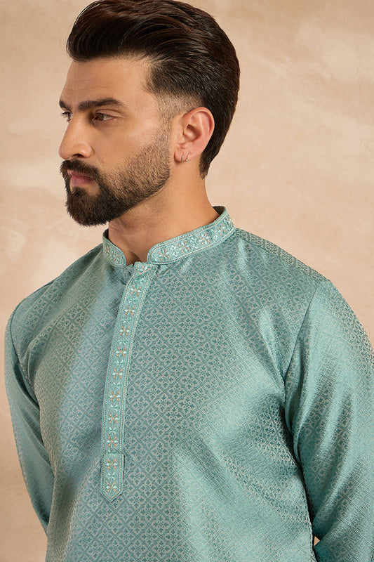 Green Polyester Solid Embroidered Straight Kurta With Trouser MKSET1735