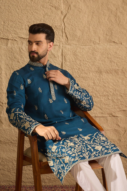 Blue Chanderi Silk Solid Embroidered Straight Kurta with Trouser MKSET1315