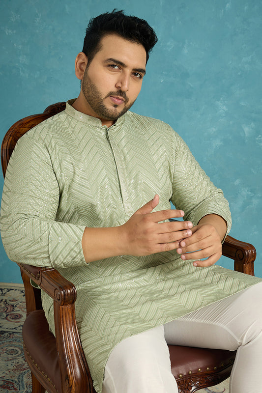 Ethnic Bay Mens Green Viscose Rayon Solid Chikankari Embroidered Kurta MKU1109