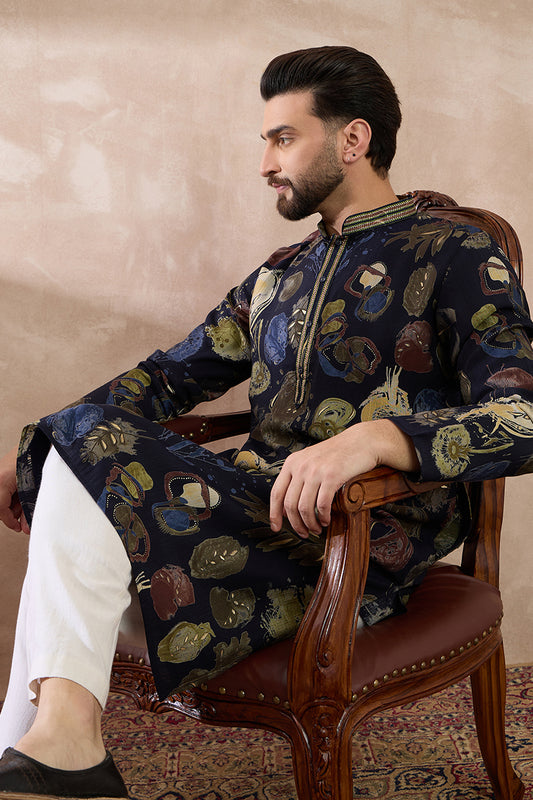 Navy Blue Silk Blend Printed Mandarin Collar Straight Kurta With Trouser MKSET1961