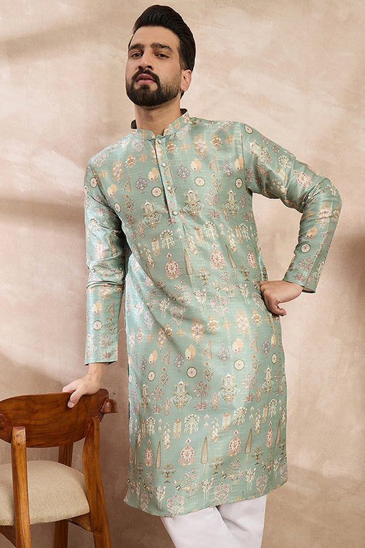 Green Silk Blend Floral Printed Straight Kurta MKU2011
