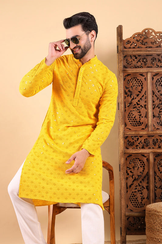 Ethnic Bay Yellow Viscose Rayon Solid Embroidered Straight Kurta For Men MKU1010YLW