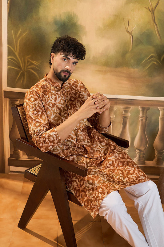 Brown Pure Cotton Batik Embroidered Straight Kurta with Trouser MKSET1461