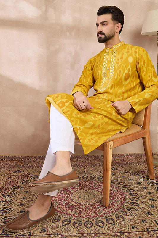 Yellow Viscose Rayon Chevron Printed Straight Kurta With Trouser MKSET1966