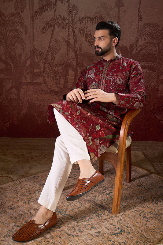 Maroon Silk Blend Floral Printed Straight Kurta With Trouser MKSET1963