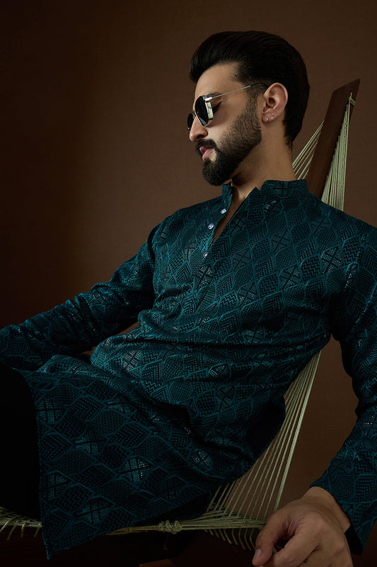 Teal Georgette Solid Embroidered Straight Kurta MKU1577