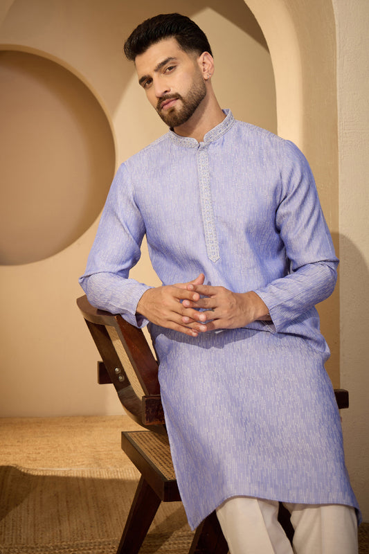 Ethnic Bay Blue Jacquard Woven Design Mandarin Collar Kurta MKU2777