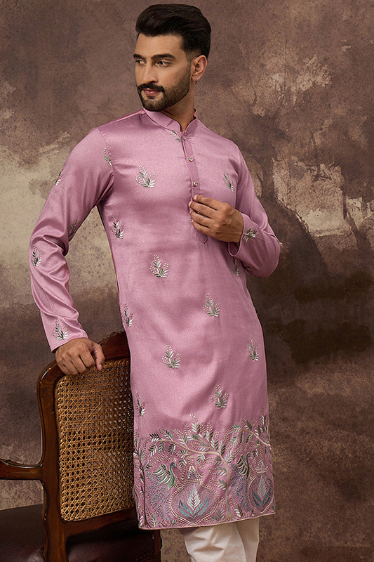 Ethnic Bay Pink Silk Blend Solid Embroidered Straight Kurta MKU1347