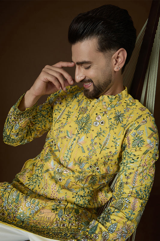 Ethnic Bay Yellow Georgette Solid Embroidered Kurta With Trouser MKSET2727