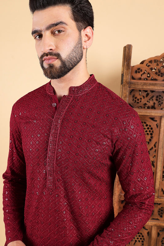 Maroon Viscose Rayon Solid Embroidered Straight Kurta For Men MKU1007MRN