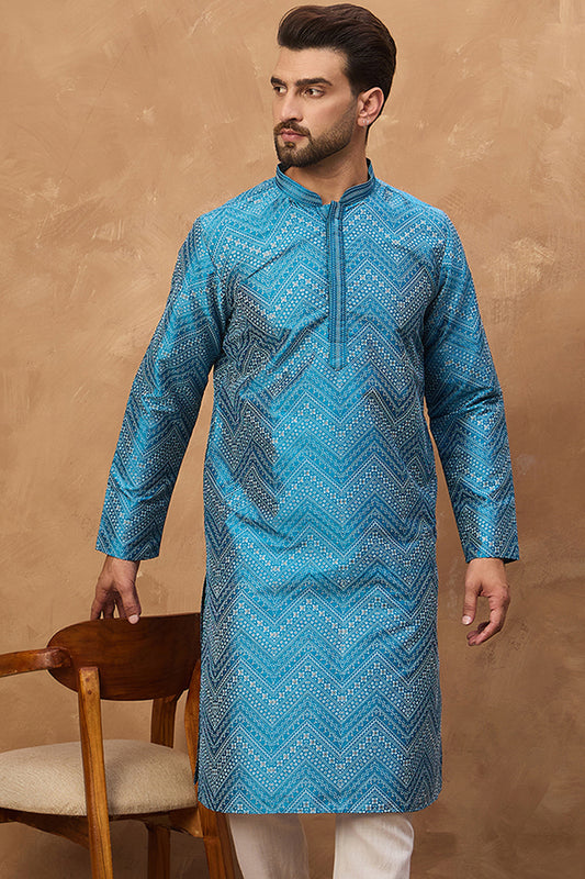 Blue Silk Blend Geometric Printed Straight Kurta MKU1531