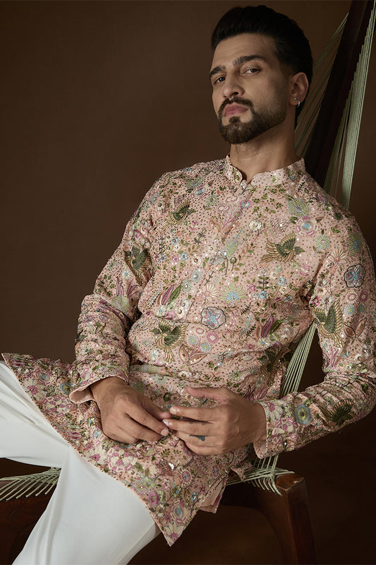 Ethnic Bay Peach Georgette Solid Embroidered Kurta MKU2726