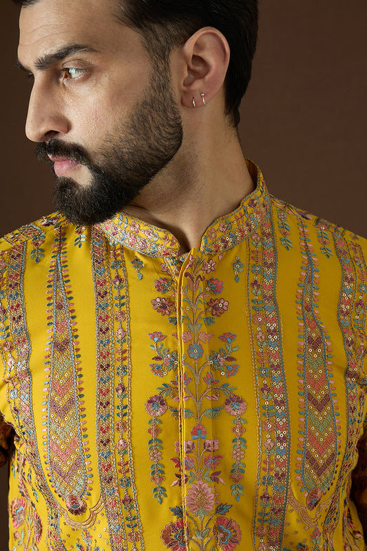 Yellow Georgette Solid Embroidered Straight Kurta MKU1569