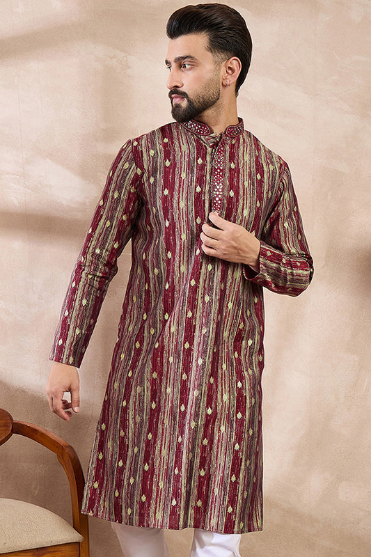 Maroon Silk Blend Abstract Printed Straight Kurta With Trouser MKSET2006