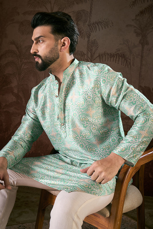 Turquoise Blue Silk Blend Abstract Printed Straight Kurta With Trouser MKSET1967