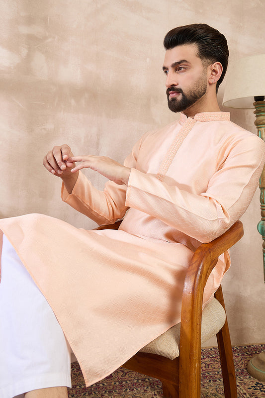 Peach Silk Blend Solid Embroidered Straight Kurta With Trouser MKSET1739