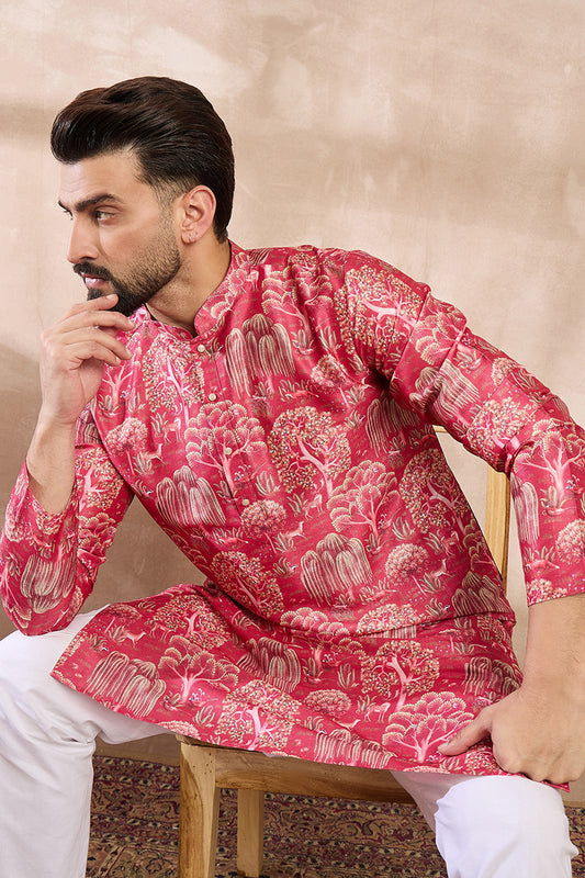 Pink Silk Blend Abstract Printed Straight Kurta With Trouser MKSET1995