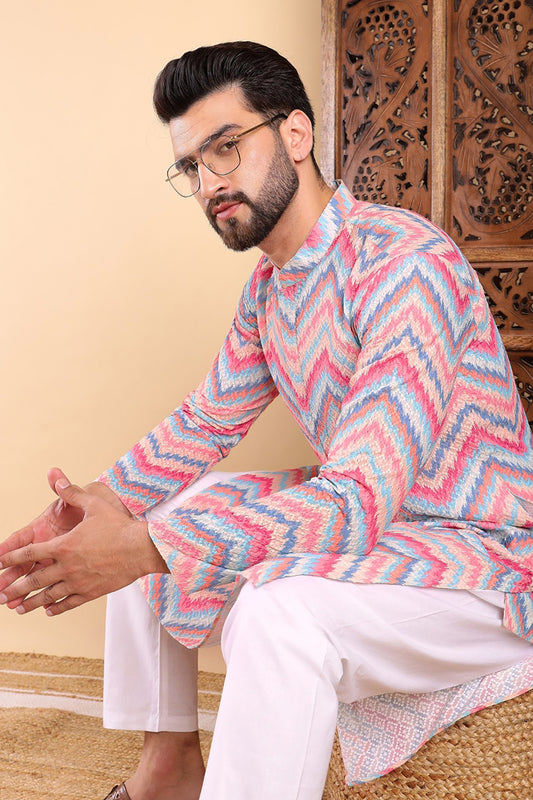 Ethnic Bay Pink Viscose Rayon Ikat Embroidered Straight Kurta For Men MKU1008PNK