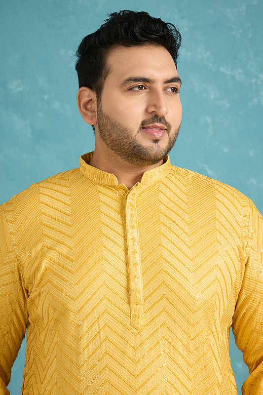 Ethnic Bay Mens Yellow Viscose Rayon Solid Thread Work Embroidered Kurta MKU1204