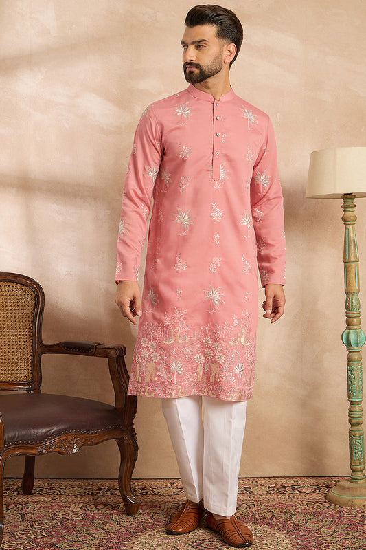 Pink Cotton Solid Embroidered Straight Kurta MKU1677