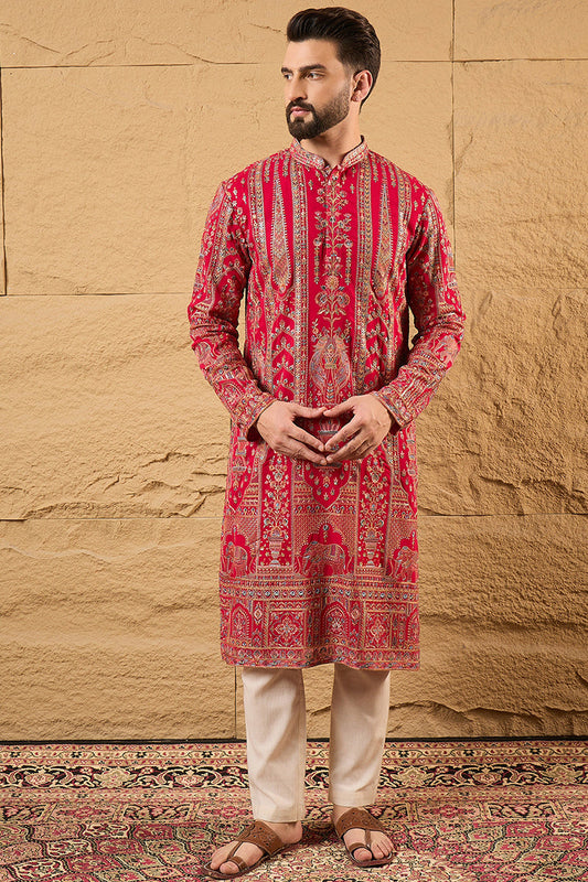 Pink Georgette Solid Embroidered Straight Kurta with Trouser MKSET1160