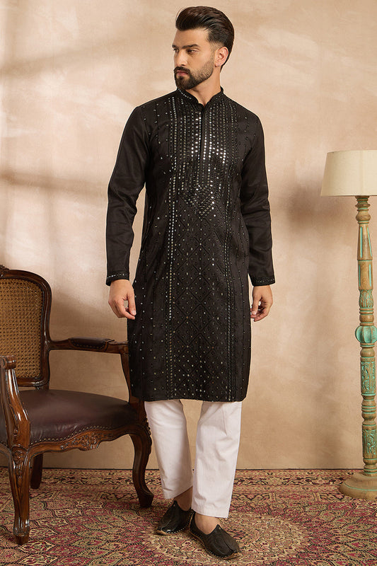 Black Silk Blend Geometric Embroidered Straight Kurta With Trouser MKSET1689