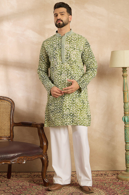 Green Viscose Rayon Batik Embroidered Straight Kurta MKU1717