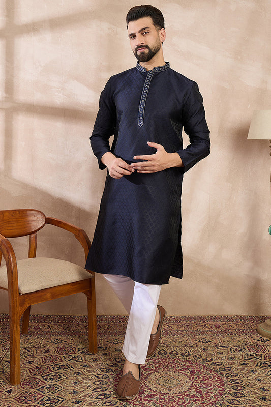 Navy Blue Silk Blend Solid Woven Design Straight Kurta MKU1853