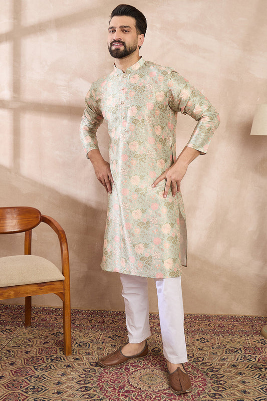 Green Silk Blend Floral Printed Straight Kurta MKU1968