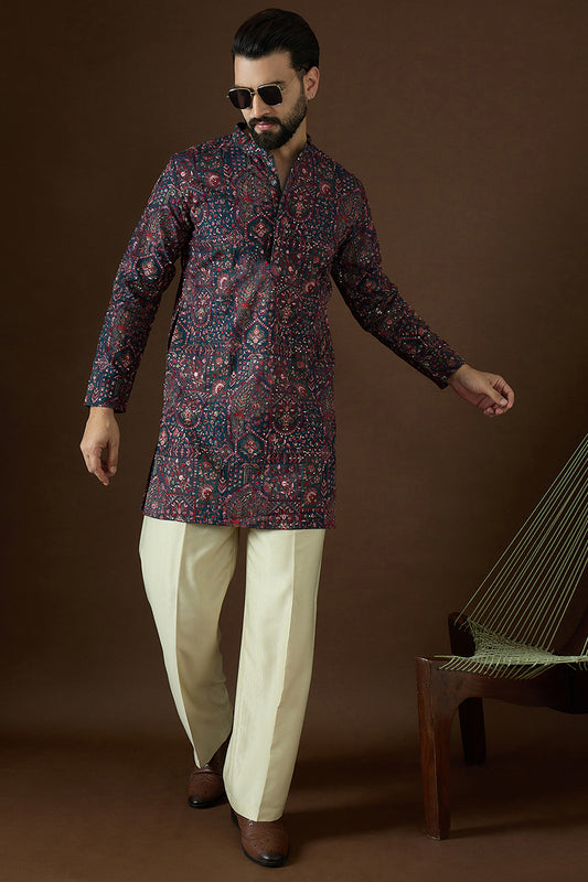 Ethnic Bay Mens Blue Georgette Solid Embroidered Kurta MKU1872