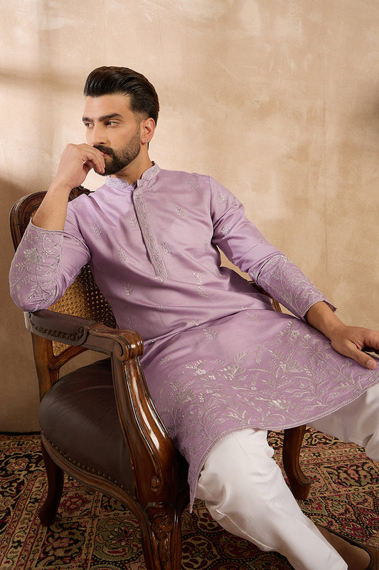 Lavender Silk Blend Floral Embroidered Straight Kurta MKU1781