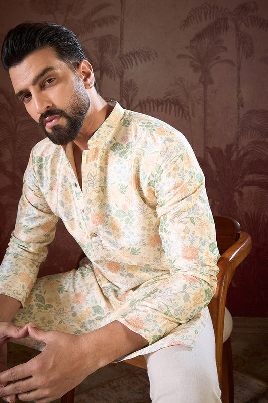 Off White Silk Blend Floral Printed Straight Kurta With Trouser MKSET1915