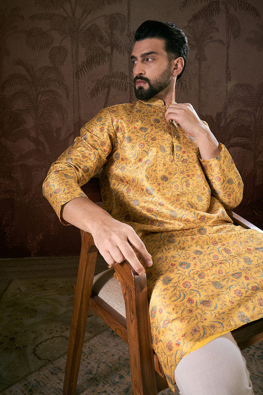 Yellow Silk Blend Floral Printed Straight Kurta With Trouser MKSET1946