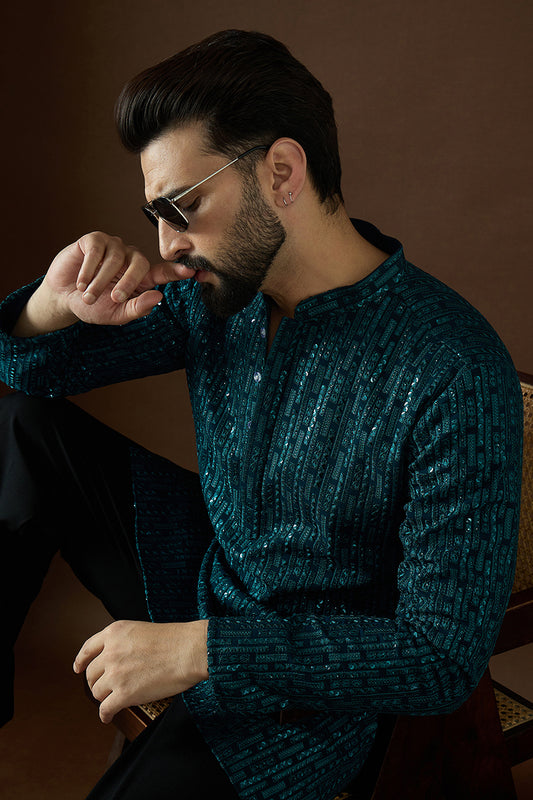 Teal Georgette Solid Embroidered Straight Kurta MKU1580