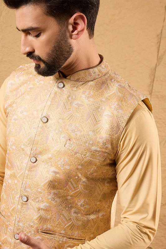 Ethnic Bay Mens Yellow Silk Blend Woven Design Mandarin Collar Koti MKOT1012