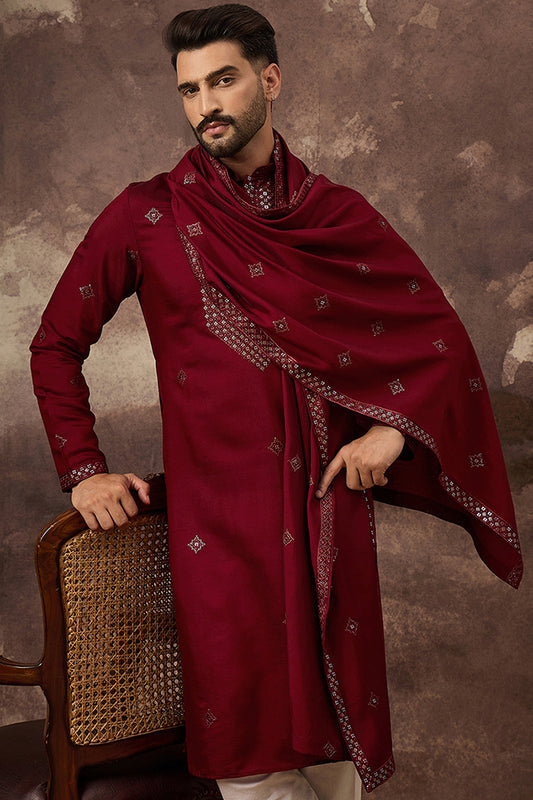Maroon Silk Blend Embroidered Straight Kurta Trouser with Dupatta MKPD1005