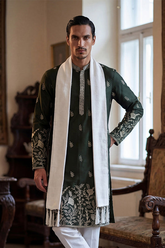 Ethnic Bay Men Olive Chanderi Silk Solid Embroidered Straight Kurta Trouser with Dupatta MKPD1319